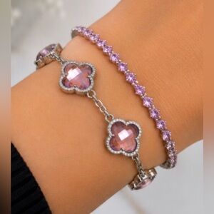 2 Bracelet Bundle: New Pink Clover Crystal Bracelet AND matching Tennis bracelet